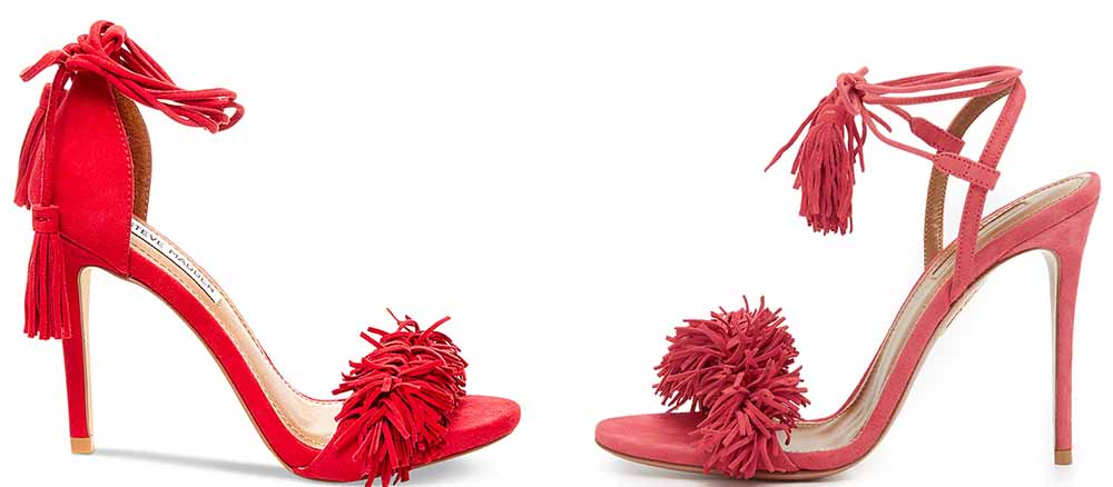 Steve Madden Sassey Two-Piece Fringe Sandals $129 via Macy's  Aquazzura Wild Thing Sandals $785 via ShopBop 