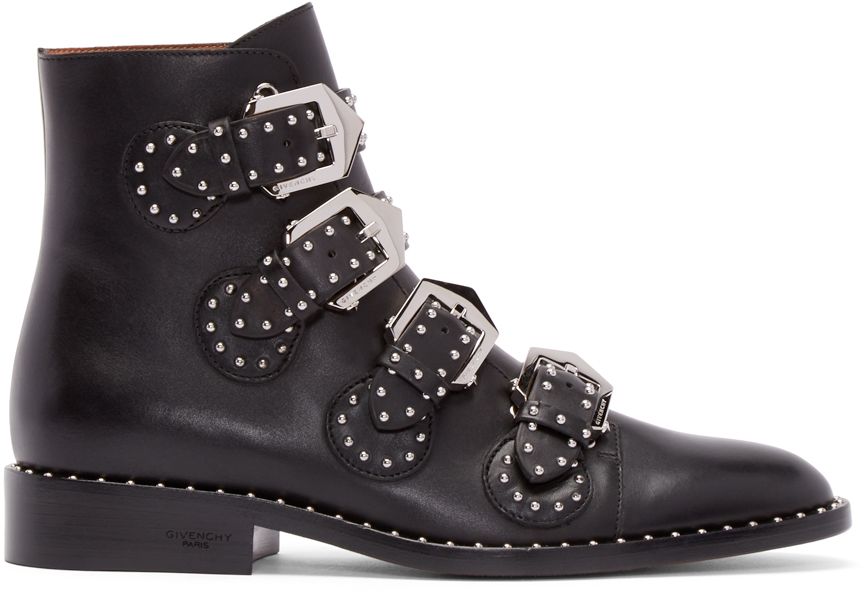 Givenchy  Black Leather Studded Buckle Boots