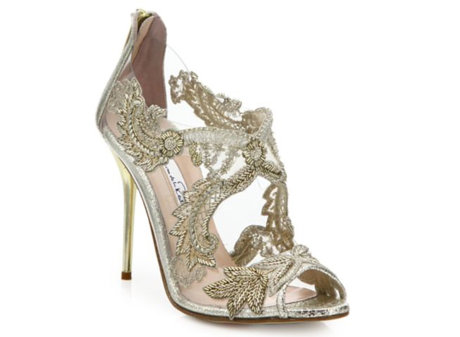 Oscar de la Renta Ambria Embroidered Metallic Peep-Toe Sandals