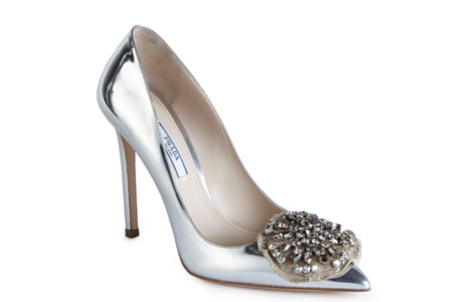 Prada Embellished Metallic Leather Pumps