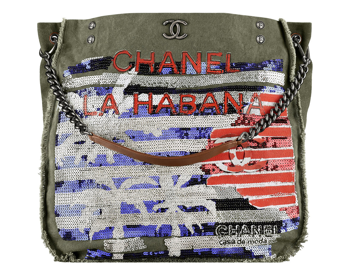 Chanel Cuba Khaki embroidered toile shopping bag