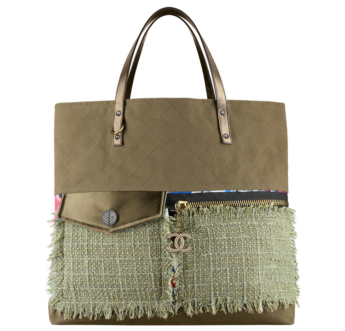 Chanel Cuba Khaki toile and tweed shopping bag