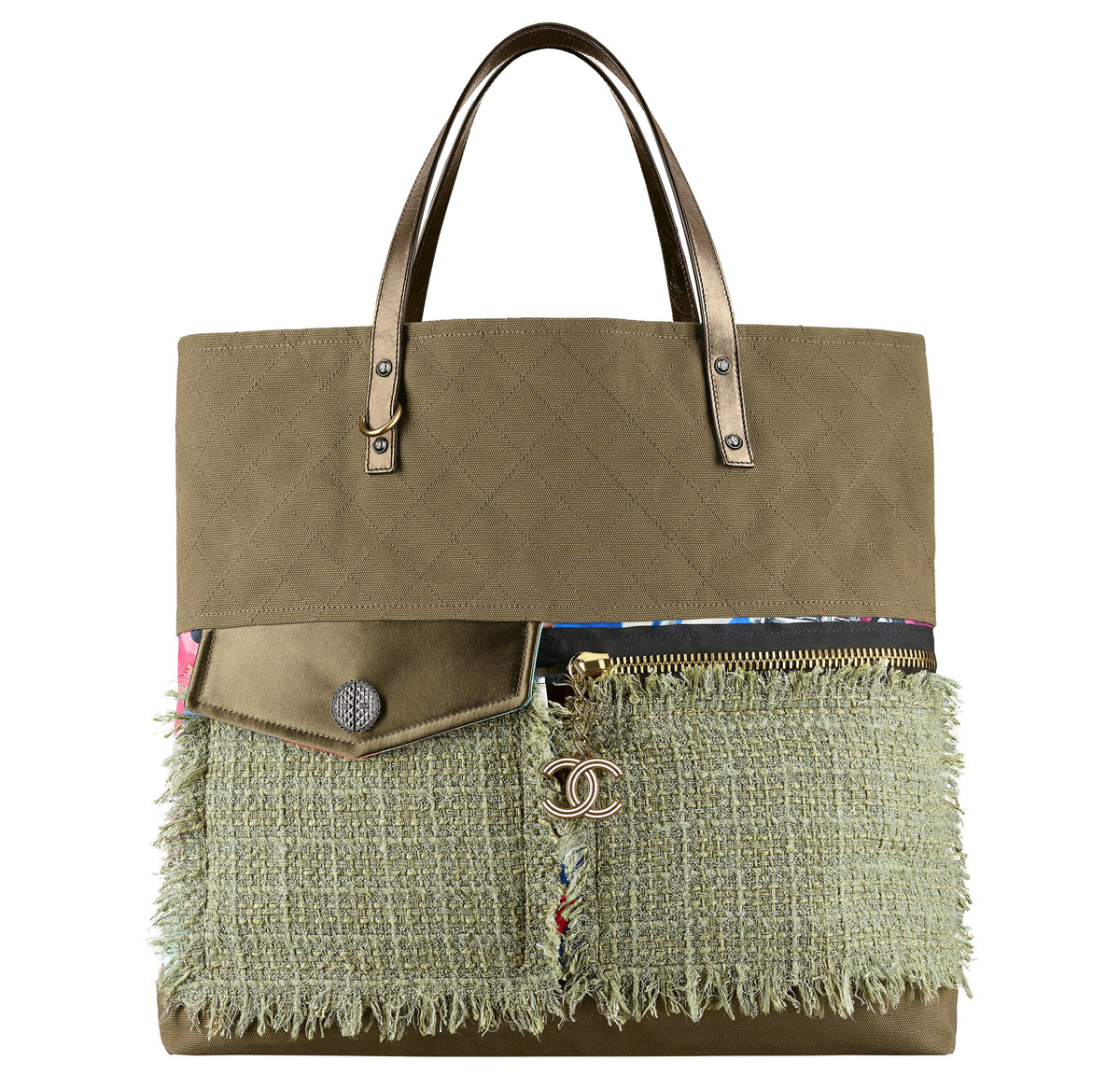 Chanel Cuba Khaki toile and tweed shopping bag