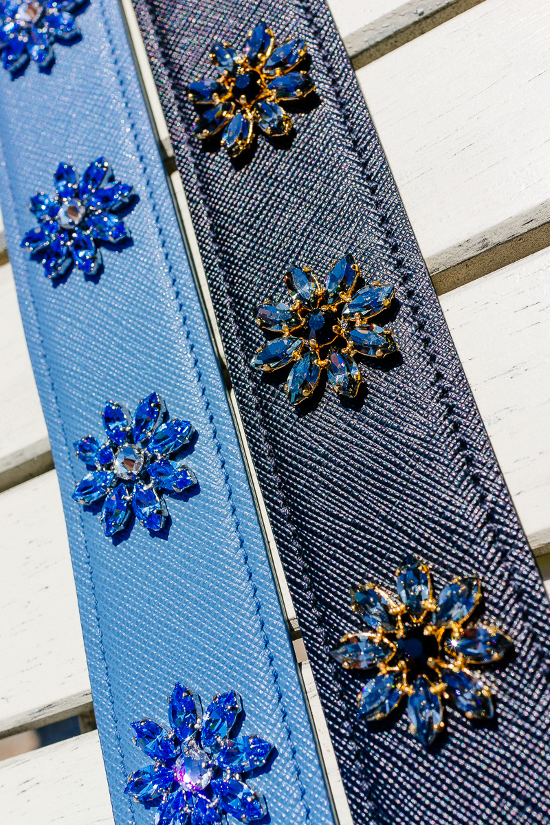 Prada Blue Saffiano Strap with crystal flowers 