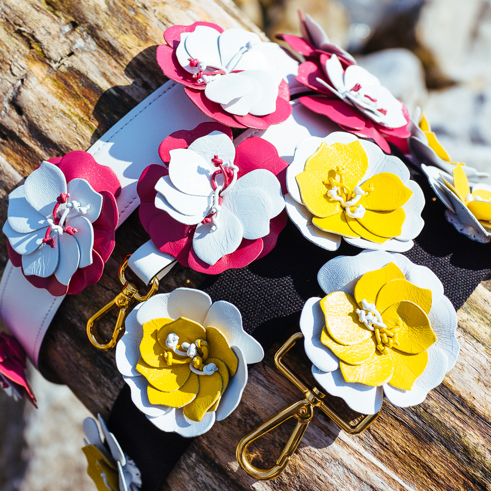 Prada Black Strap, white/yellow flowers - $800 | Prada White Strap, pink/white flowers - $925