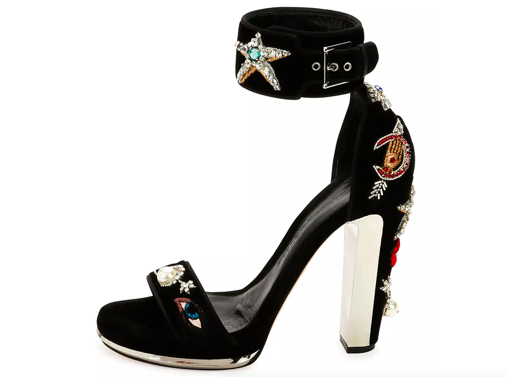 Alexander McQueen Embellished Velvet Ankle-Wrap Sandal