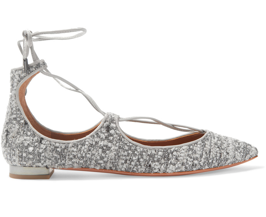 Aquazzura Christy Leather-Trimmed Metallic Boucle Point-Toe Flats
