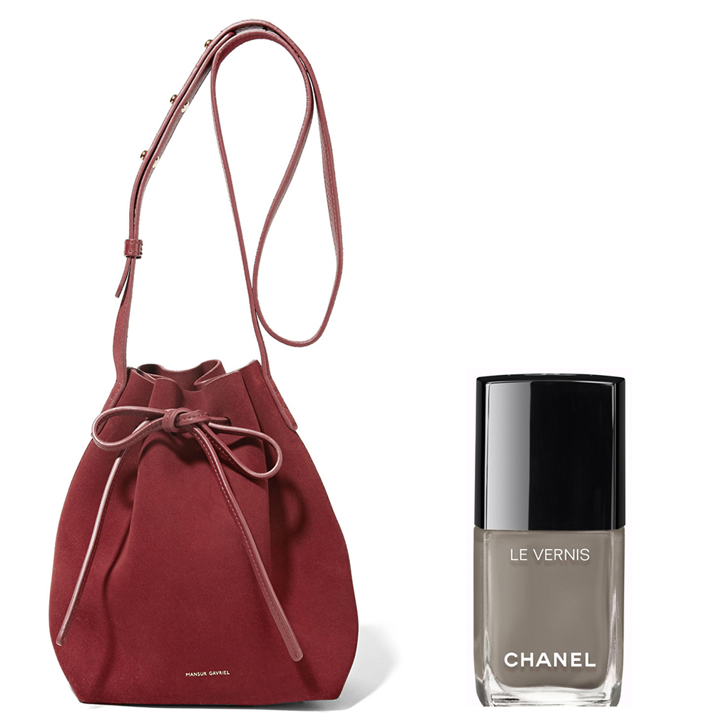 Mansur Gavriel Mini Suede Bucket Bag: $495 via Net-a-Porter Chanel Le Vernis Garçonne Nail Color:  $28 via Chanel