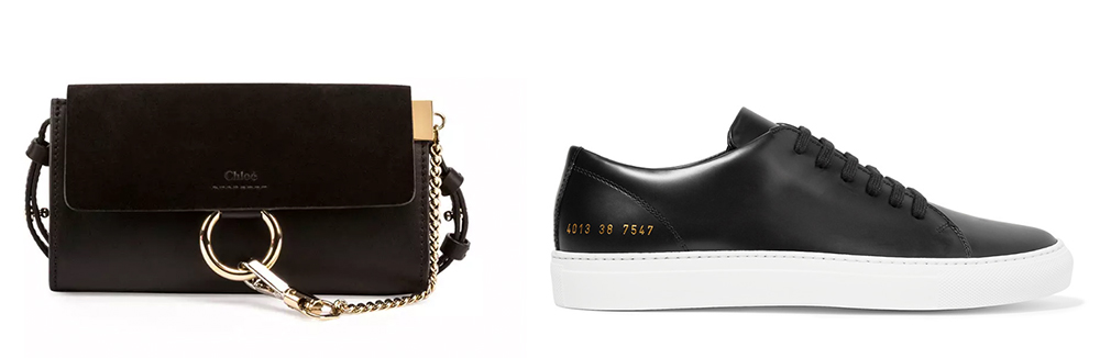 Chloé  Faye Suede and Leather Wallet-on-a-Strap $795 via Neiman Marcus  Common Projects Court Leather Sneakers $410 via Net-a-Porter 