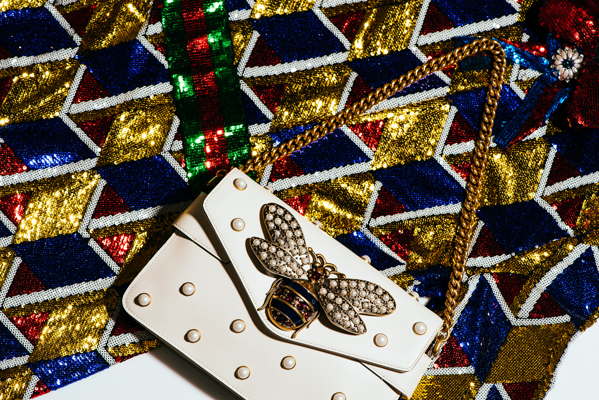 Gucci Broadway leather clutch & Sequin graphic dress