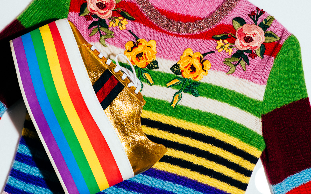 Gucci Leather low-top platform sneaker & Gucci Multicolor stripe knit top