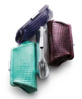 Tiffany Morgan clutch: violet glazed crocodile, garnet glazed crocodile, platinum metallic leather, Tiffany Blue glazed crocodile | $2,500