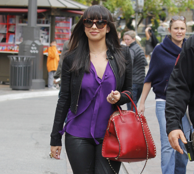 Cheryl Burke carries a red Valentino Rockstud Leather Tote at The Grove in LA (2)