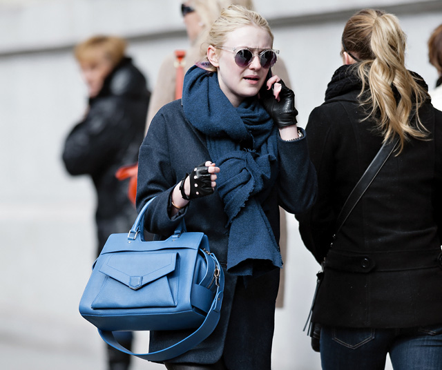 Dakota Fanning carries a blue Proenza Schouler PS13 bag in New York City (5)