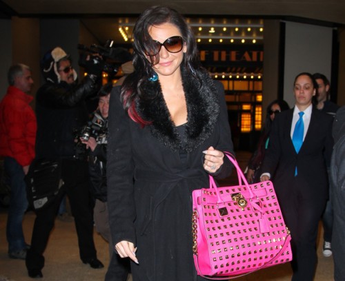 J Woww carries a MICHAEL Michael Kors Hamilton Studded Tote Bag in hot pink outside VH1 studios in NYC (5)