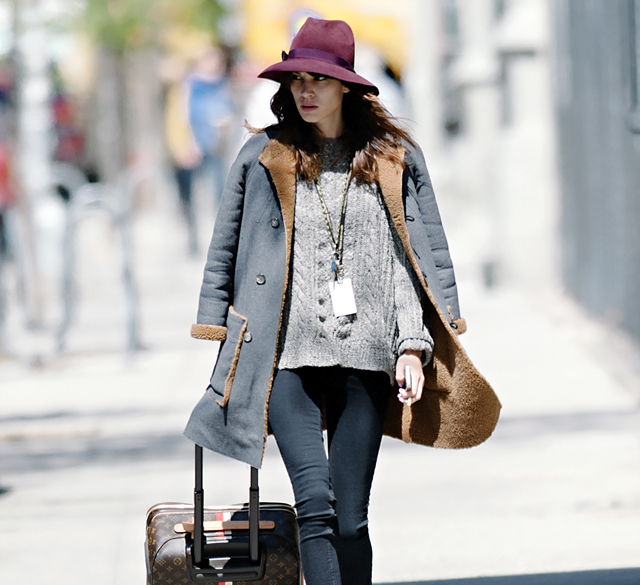 Alexa Chung wheels a Louis Vuitton Mon Monogram Pegase Suitcase around Manhattan (5)