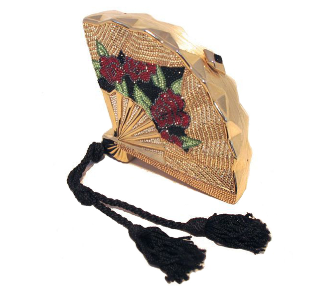 Judith Leiber Vintage Swarovski Crystal Gold Fan Minaudiere Evening Bag