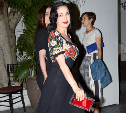 Dita Von Teese carries a Charlotte Olympia Pandora Perspex Box Clutch at Chateau Marmont in LA (5)