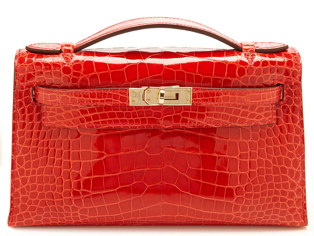 Hermes Kelly Pochette Bag Rouge Vif Red Ostrich Clutch Gold