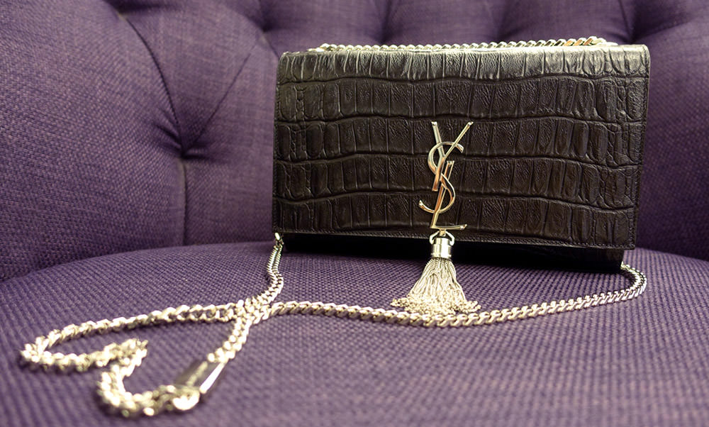 YVES SAINT LAURENT Crocodile Black Leather Gold Chain Clutch