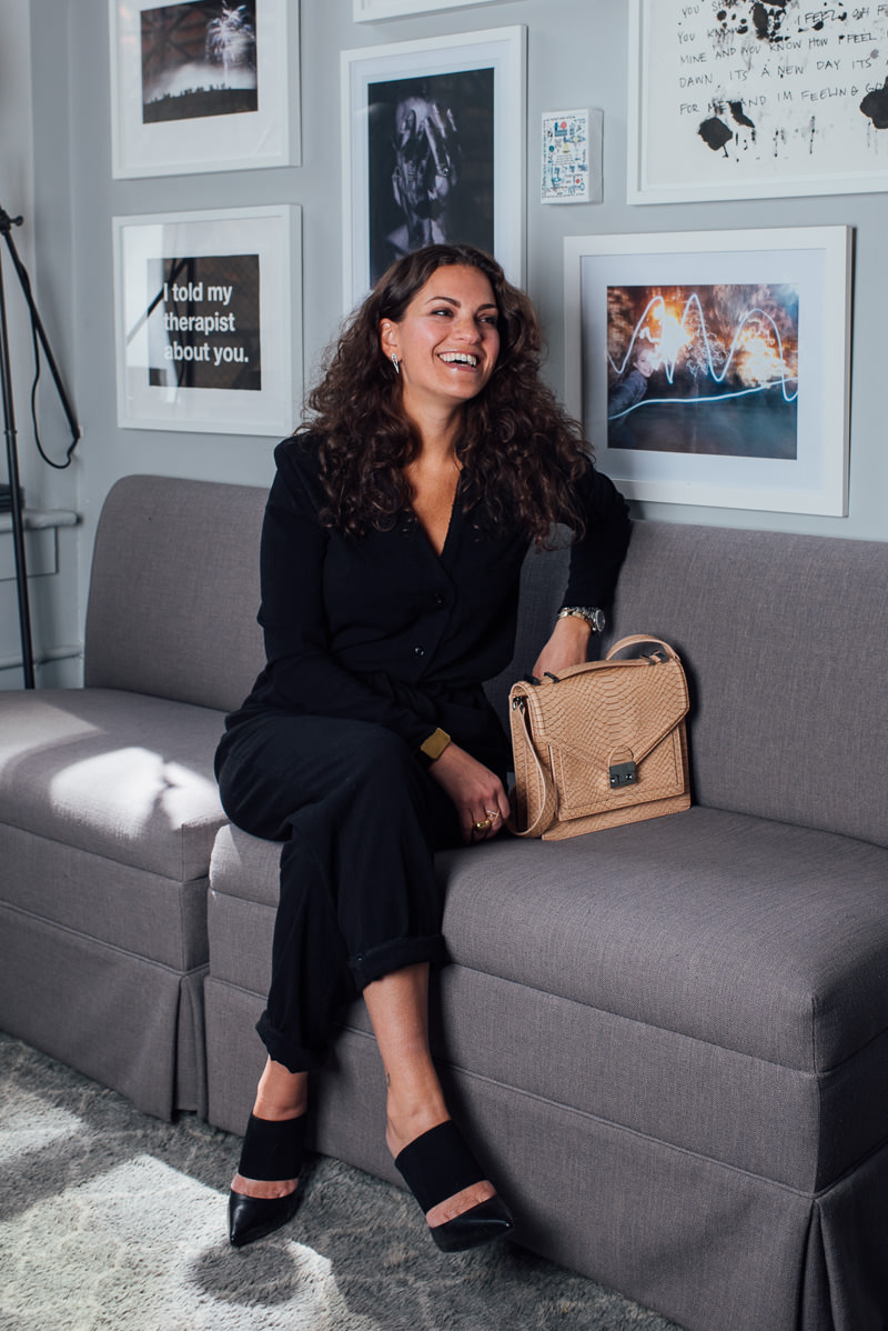 Loeffler Randall Medium Rider Bag, $525 via Loeffler Randall Raquel Allegra Jumpsuit,Shop similar styles via ShopBop Eva Fehren Earrings and Ring, Shop similar styles via Barneys Eva Fehren X Ring, $4,345 via Barneys Jennifer Fisher Bracelet, Shop similar styles via Net-a-Porter