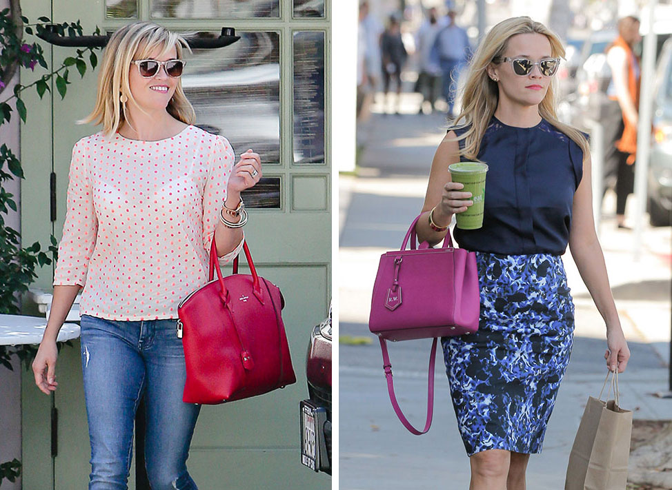 Reese Witherspoon carries a hot pink Louis Vuitton purse while