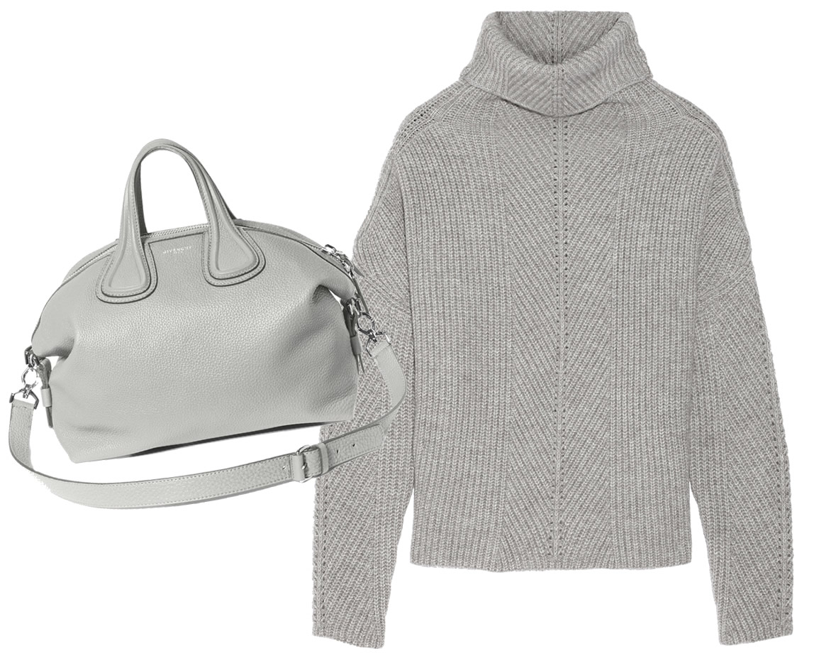 Givenchy Medium Nightingale $2,890 via Nordstrom, Maje Matignon Oversized Ribbed-Knit Turtleneck Sweater $410 via Net-A-Porter