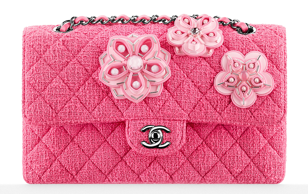 Chanel Limited Edition 2016 Pink Tweed Floral Embellished Double Flap Bag