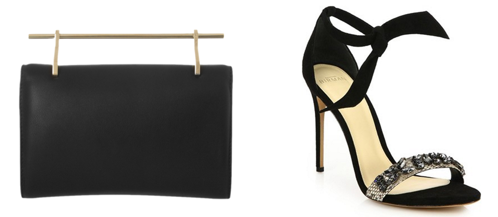 M2MALLETIER Fabricca Leather Clutch$1,290 via Net-a-Porter Alexandre Birman Clarita Jeweled Python & Velvet Sandals, $850 via Saks
