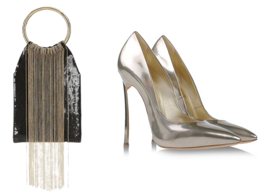 Whiting & Davis Gold Rush FringeMesh Circle Clutch, $275 via Intermix Casadei Blade Pump, $750 via Shoescribe