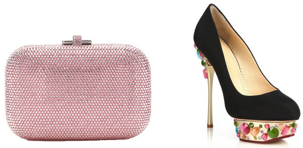 Judith Leiber Crystal Slide-Lock Clutch Bag $1,995 via Bergdorf Goodman Charlotte Olympia Dolly On-The-Rocks Silk Platform Pumps $1,595 via Saks