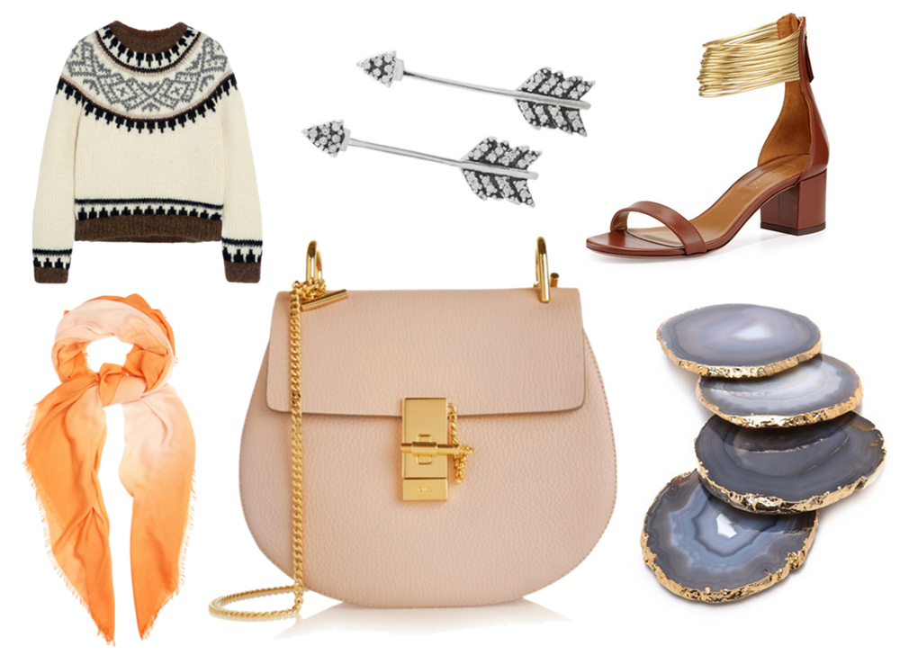 Clockwise From Top Left: J.Crew Hudson Intarsia Sweater, $200 via Net-a-Porter | Pamela Love Shooting Arrow Earrings, $230 via Net-a-Porter | Aquazzura Spin Me Around Sandals, $580 via Neiman Marcus | RABLABS Lumino Gilded Agate Coasters, $155 via Shopbop | Bottega Veneta Dégradé Wool Scarf, $390 via MATCHESFASHION.COM