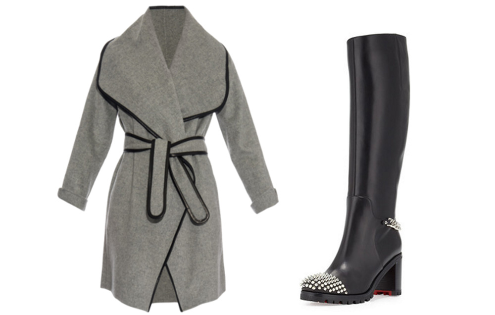 VINCE Wide shawl-Lapel Wool-Blend Coat, $795 via MATCHESFASHION.COM Christian Louboutin Napaleona Spiked-Toe Boot, $1,595 via Bergdorf Goodman