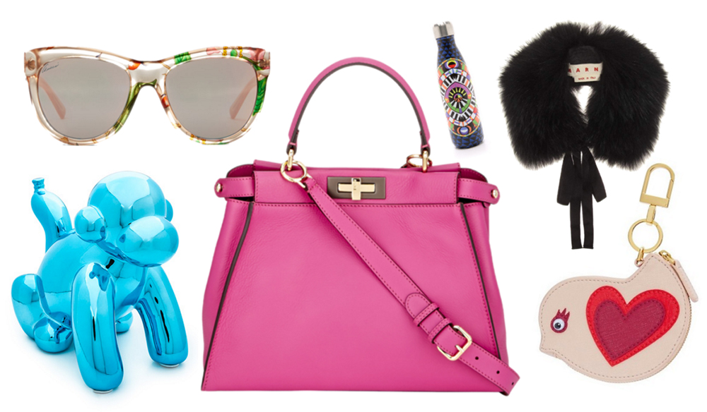 Clockwise From Top Left: Gucci Flora Sunglasses, $395 via Gucci | S'well x Mara Hoffman EOS Water Bottle, $42 via Shopbop | Marni Fur Collar, $1,060 via mytheresa.com | Tory Burch Bird Coin Case Key Fob, $115 via Tory Burch | Balloon Monkey Money Bank, $60 via Shopbop