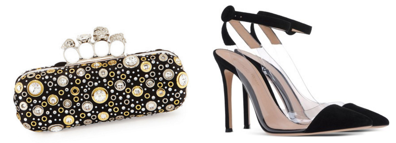Alexander McQueen Knuckle Long Box Crystal Clutch, $2,495 via Bergdorf Goodman Gianvito Rossi Slingbacks, $735 via Shoescribe
