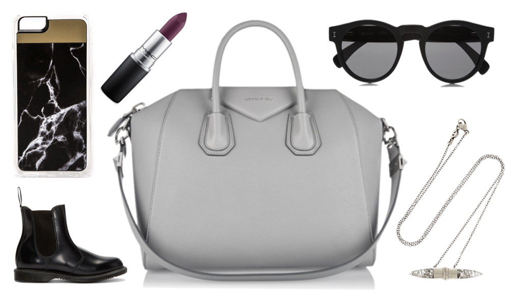 Clockwise From Top Left: Zero Gravity Storm iPhone 6S Case, $32 via Shopbop | MAC Dark Desires Lipstick Collection, $17 via Macy's | Illesteva Leonard Sunglasses, $180 via Net-a-Porter | Chan Luu Silver Quartz Necklace, $115 via Net-a-Porter | Dr. Martens Black Flora Chelsea Boots, $140 via SSENSE