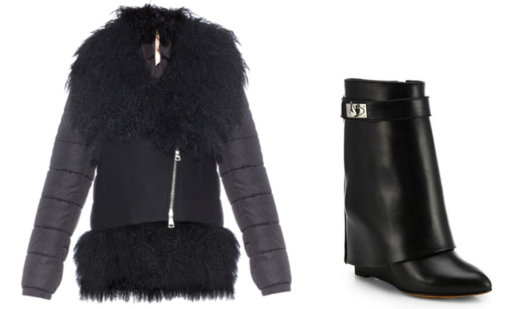 No. 21 Shearling-Collar Wool-Blend Jacket, $1,433 via MATCHESFASHION.COM Givenchy Shark Lock Leather Pants Mid-Calf Wedge Boots, $1,850 via Saks