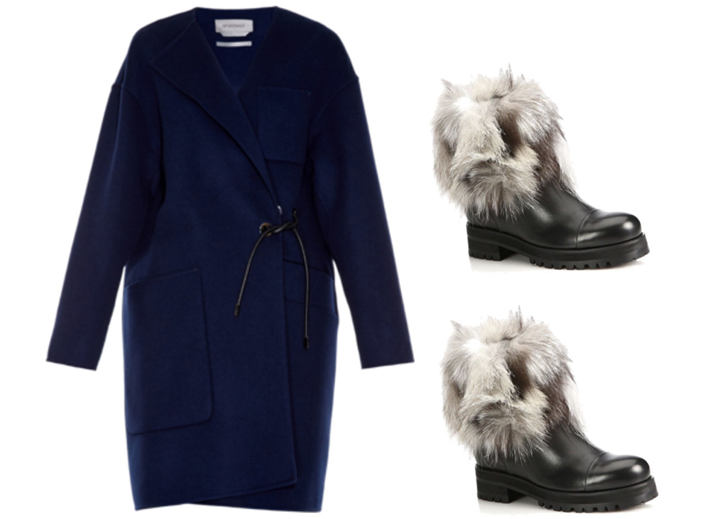 SPORTMAX Batun Coat, $1,950 via MATCHESFASHION.COM Jimmy Choo Dana Leather & Fox Fur Booties, $1,450 via Saks