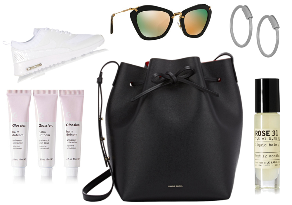 Clockwise From Top Left: Nike Air Max Thea Sneakers, $175 via Net-a-Porter | Miu Miu Mirrored Sunglasses, $415 via Macy's | Maria Black Silver Hoop Earrings, $100 via Net-a-Porter | Le Labo Rose 31 Liquid Perfume Balm, 85 via Net-a-Porter | Glossier Blam Dotcom Three Pack, $36 via Net-a-Porter