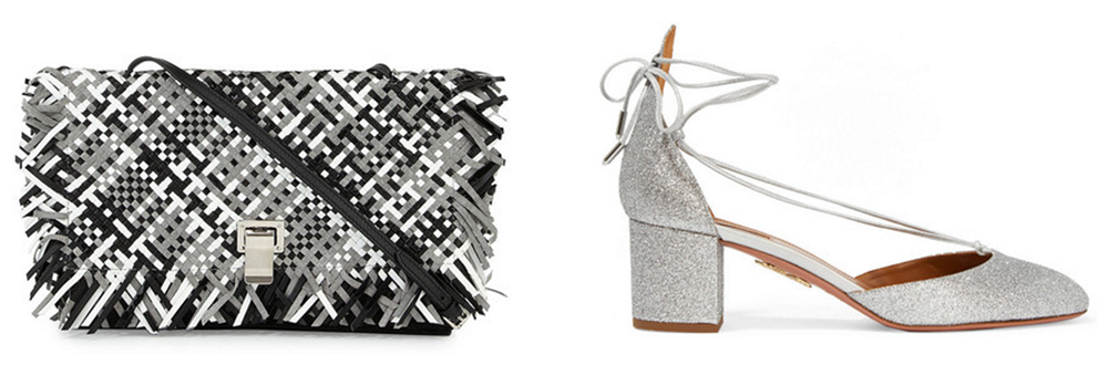 Proenza Schouler Small Woven Lunch Bag-on-a-Strap, $939 via Bergdrof Goodman Aquazzura Alexa Glittered Leather Pumps, $675 via Net-a-Porter