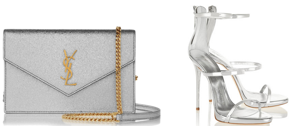 Saint Laurent Monogramme Envelope Small Metallic Textured-Leather Shoulder Bag, $1,275 via Net-a-Porter Giuseppe Zanotti Metallic Leather Sandals, $850 via Net-a-Porter