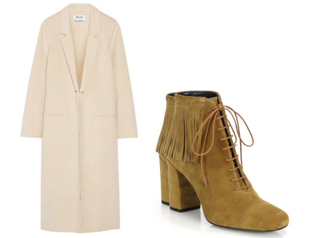 Acne Studios Foin Doublé Wool and Cashmere-Blend Coat, $870 via Net-a-Porter Saint Laurent Babies Fringed Suede Lace-Up Booties, $995 via Saks