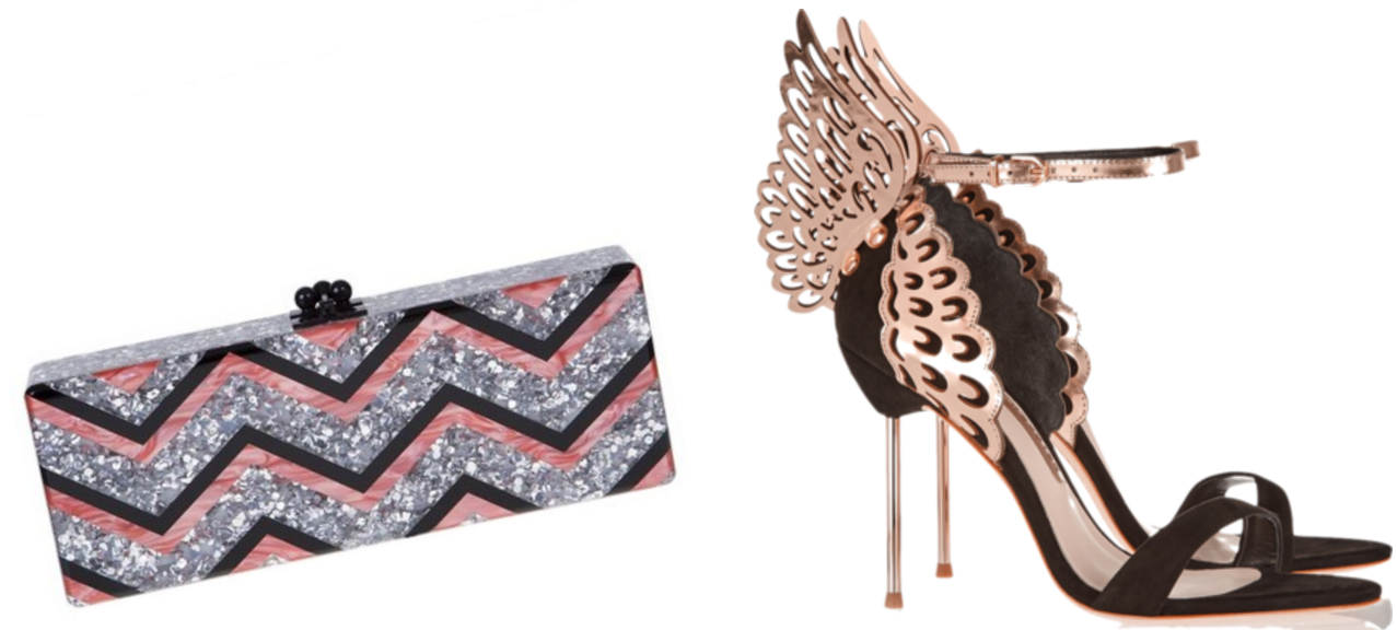 Edie Parker Flavia Glittered Chevron Acrylic Clutch, $1,595 via Saks Sophia Webster Evangeline Suede and Laser-Cut Metallic Leather Sandals, $560 via Net-a-Porter
