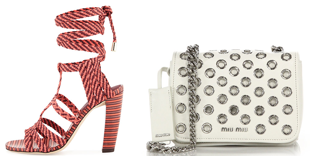 Jimmy Choo Trix Woven Ankle-Wrap Sandal $975 via Neiman Marcus Miu Miu Club Grommeted Leather Crossbody Bag $1,655 via Saks