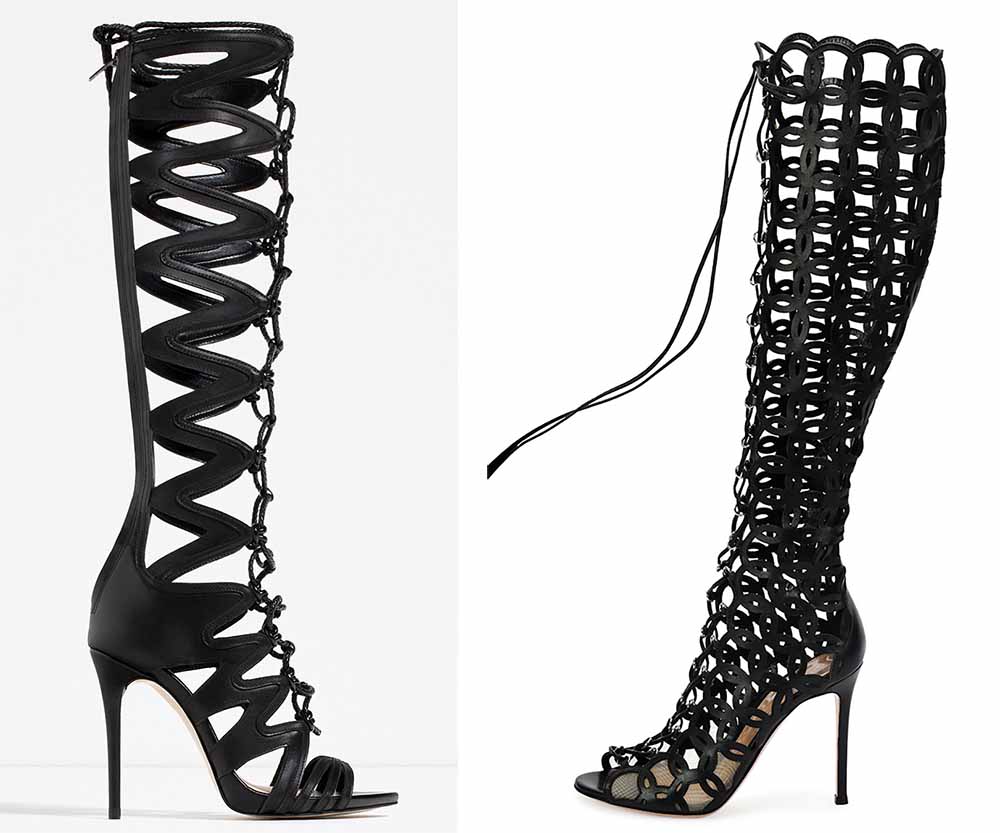 Zara Leather Roman Sandals $239 via Zara Gianvito Rossi Laser-Cut Open-Toe Leather Knee Boot $2,745 via Bergdorf Goodman