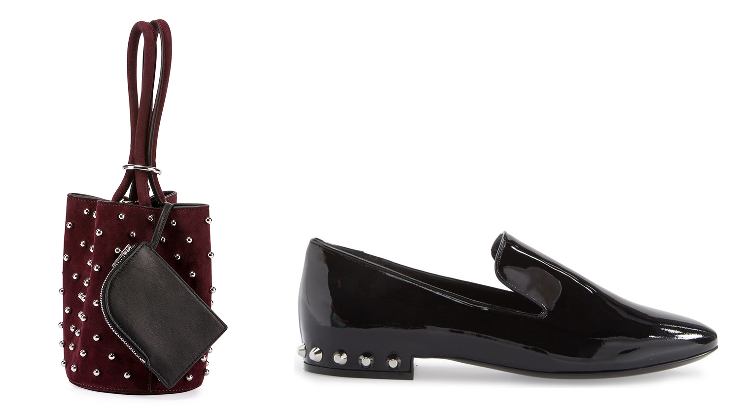 Bag: Alexander Wang Palladium Mini Leather Bucket Bag $595 via Bergdorf Goodman Shoes: Balenciaga Studded Loafer $595 via Nordstrom