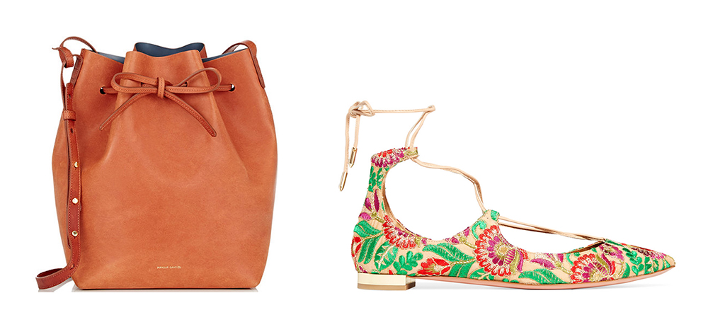 Mansur Gavriel Large Bucket Bag $595 via Barneys Aquazzura Christy Embroidered Canvas Point-Toe Flats $750 via Net-a-Porter