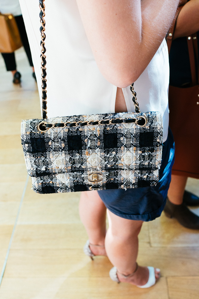 A tweed Chanel purse spotted at New York Fashion Week.