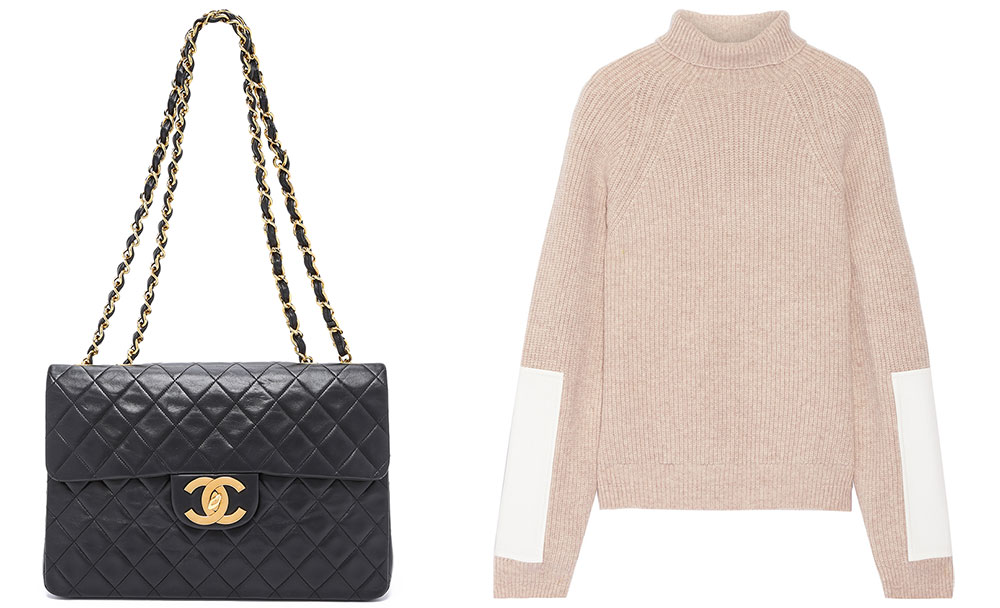 Chanel Vintage Jumbo Classic Flap Bag $5,500 via ShopBop Victoria Beckham Faux Leather-Trimmed Wool Turtleneck Sweater $1,250 via Net-a-Porter