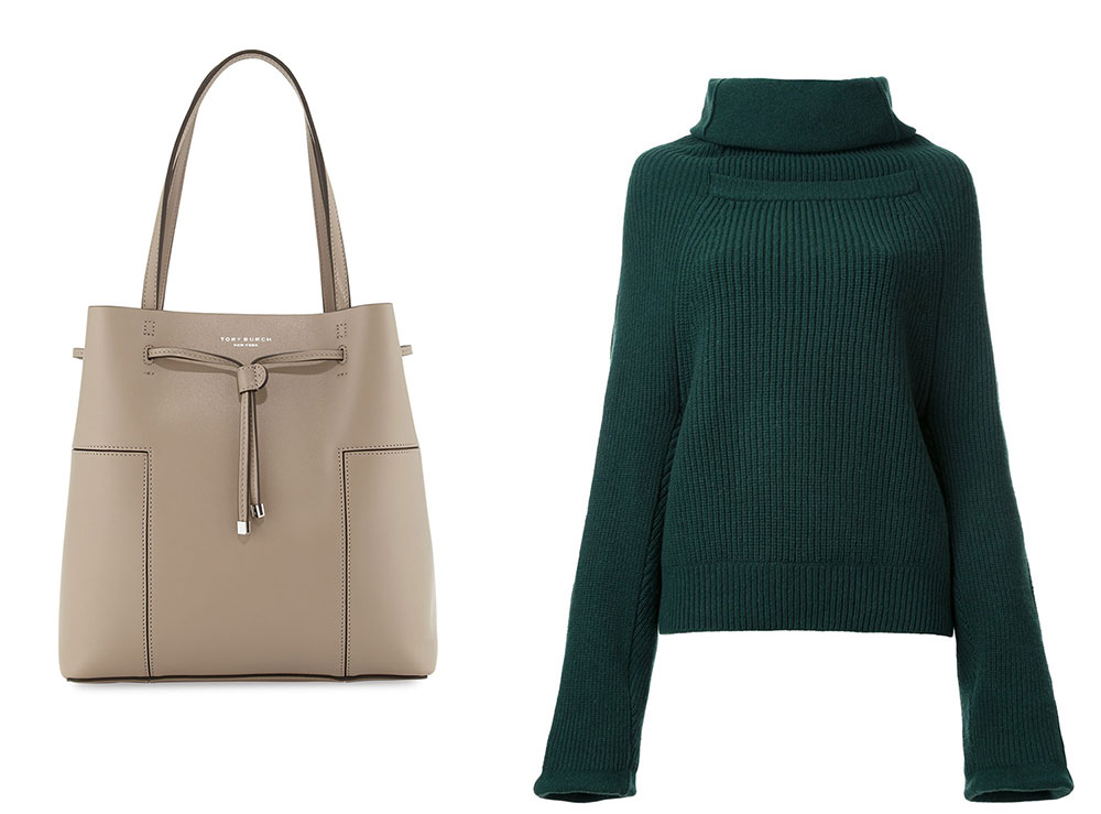 Tory Burch Block-T Leather Bucket Tote Bag $425 vai Neiman Marcus Toga Oversize Roll Neck Jumper $609 via farfetch.com
